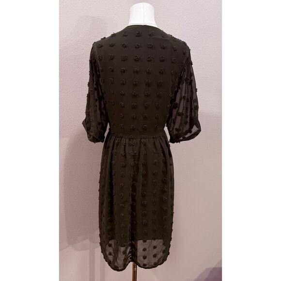 Olive Green SwissTextured Dot Midi Dress Women XL 3/4 Sleeve Flowy Fall Boho - Picture 2 of 8